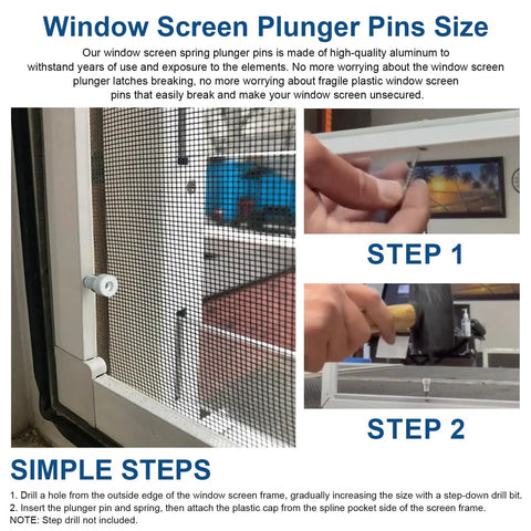 Top Tier Window Screen Plunger Latches With Snappy Aluminum Pins And Heavy Duty Coils For Patio Screens installation guide showing steps and plunger pin sizes.