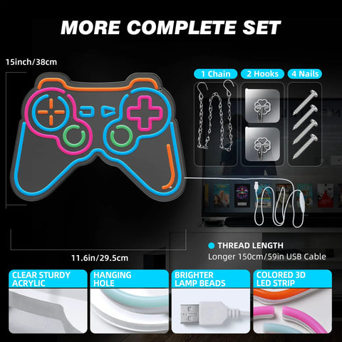 Lit Blue Gamepad Neon Sign For Gaming Room Decor USB Powered LED Neon Light With 6 Dimmable Modes 15x11.6 inch set inclusions