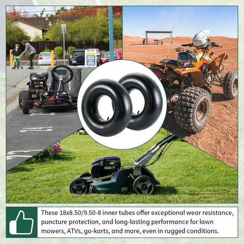 Two Pack 18x8.50/9.50-8 inner tubes for lawn mowers, ATVs, go-karts, puncture resistant, TR-13 valve stem, 8-inch rims
