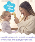 Giraffe Themed No-Touch 3 In 1 Baby And Kids Thermometer For Infants With Quick Forehead Ear And Body Temp Readings, Kid Friendly Design To Keep Toddlers Chill During Temp Checks. Woman using giraffe-shaped thermometer for toddler