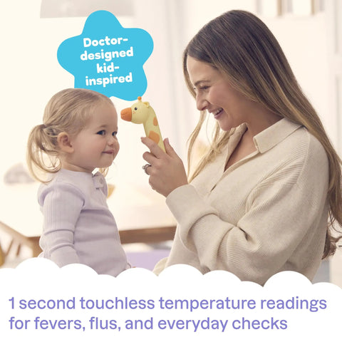Giraffe Themed No-Touch 3 In 1 Baby And Kids Thermometer For Infants With Quick Forehead Ear And Body Temp Readings, Kid Friendly Design To Keep Toddlers Chill During Temp Checks. Woman using giraffe-shaped thermometer for toddler