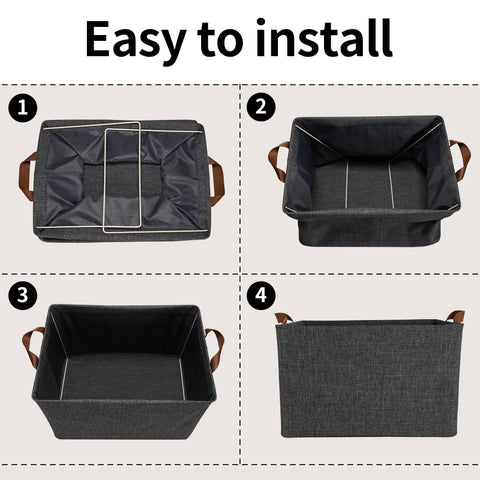 Step-by-step assembly of Extra Large Shelf Storage Baskets with Metal Frame Linen Fabric for dorm closet or room in gray.