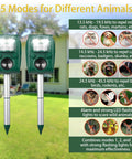 Solar Ultrasonic Animal Repellent For Outdoor Use With Dual Sonic Pulse And Flashing LED Defense, Humane Cat, Dog, Deer, Rabbit, Squirrel, And Raccoon Deterrent, No Traps, 2 Pack, Weatherproof And Easy Setup, two green stake units