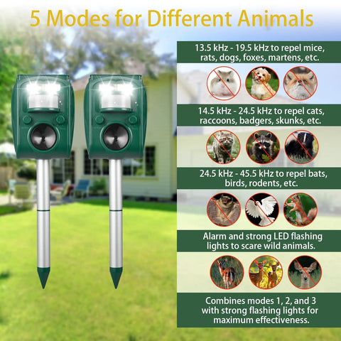 Solar Ultrasonic Animal Repellent For Outdoor Use With Dual Sonic Pulse And Flashing LED Defense, Humane Cat, Dog, Deer, Rabbit, Squirrel, And Raccoon Deterrent, No Traps, 2 Pack, Weatherproof And Easy Setup, two green stake units