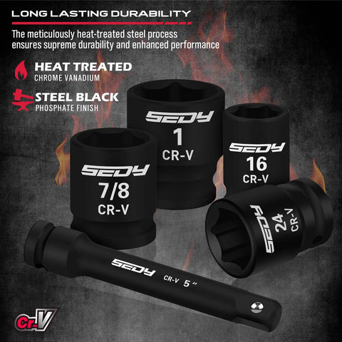Close-up of Half Inch Drive Socket Set 25-Piece SAE And Metric Impact Sockets showing CR-V heat-treated black finish details