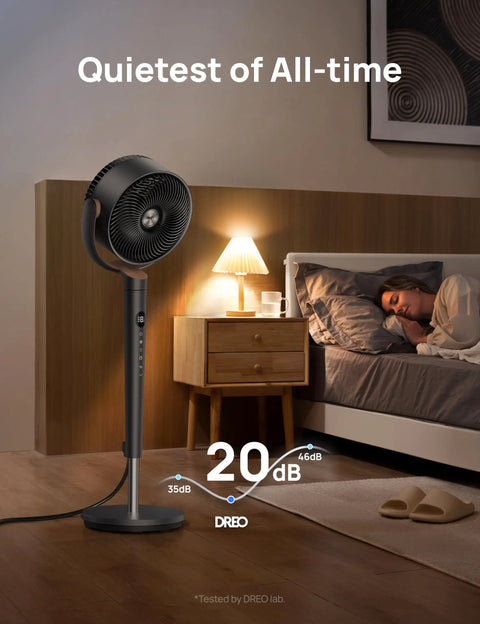 Bedroom Oscillating Pedestal Fan With DC Motor Ultra Quiet 20dB 120 Degree Oscillation shown in bedroom scene