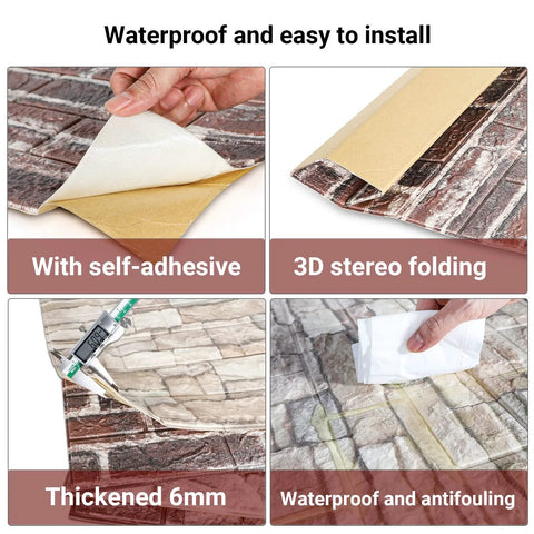 10 Pack Dope 3D Faux Stone Wall Panels Peel And Stick Rust Red Brown Brick Foam Wallpaper showing 6mm thickness and waterproof feature