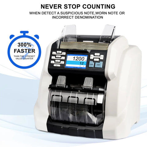 Dual Pocket Money Counter With Built In Receipt Printer And Bank Grade Counterfeit Detection For Hustle Ready Cash Sorting and Serial Number Tracking, front view showcasing controls and dual hoppers.