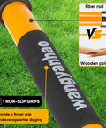 Close-up of Garden Fork With Ergonomic D Shaped Orange Grip and Fiberglass Handle showing fiber rod vs wooden pole comparison.