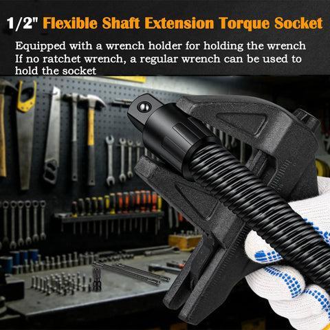 1/2 Inch Drive Flexible Socket Extension Bar Set demonstrating a flexible shaft, handy for wrench holding in tight spaces.