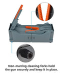 Portable Gun Cleaning Stand For Rifles And Shotguns Lightweight Collapsible Range Bench with orange cleaning forks in gray base