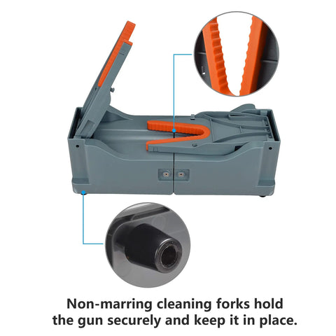 Portable Gun Cleaning Stand For Rifles And Shotguns Lightweight Collapsible Range Bench with orange cleaning forks in gray base
