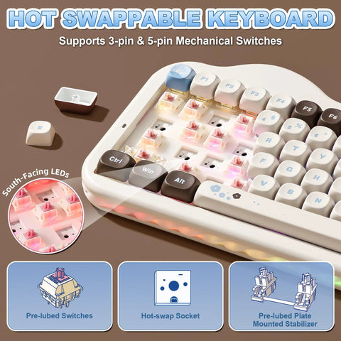 Killer 75 Percent Wireless Mechanical Keyboard With Cute Cake Theme And Compact Layout Featuring Smooth Choco And Candy Switches For A Sweet Gaming Setup And Dope Desk Vibes hot swappable keyboard showing pre-lubed switches and RGB lighting.