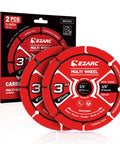 EZARC 3-inch carbide cut-off wheels, 2-pack, front view; red discs for wood, nails, laminate