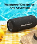 Portable Bluetooth Speaker With 40W Peak Power And Deep Bass From Dual Passive Radiators by poolside with water droplets.