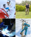 Collage showing various uses of Reusable Half Facepiece Respirator Kit With Safety Goggles And Filter Boxes for industrial tasks.