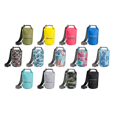 Collection of 5L waterproof bags, including DrySak Roll Top Waterproof Bag 5L Tie Dye for Travel and Outdoors, in various colors and patterns.