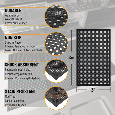 Heavy Duty Rubber Floor Mat With Grippy Non Slip Surface For Commercial Kitchens And Workshops, Waterproof And Hose Washable, Anti Fatigue Comfort, Oil Resistant, Perforated Drainage Design For Indoor Or Outdoor Use, 36 By 60 Inches, Black.