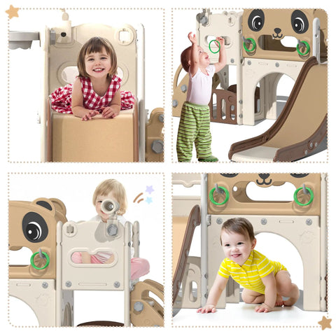 Children playing on 9 In 1 Toddler Slide And Climber Playset For Indoor And Outdoor Use With Basketball Hoop Telescope And Storage Space Freestanding Backyard Playground For Kids Age 1 To 6.