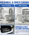 Built Tough Toilet Safety Rail Rated To 350 Pounds, Adjustable Grab Bar For Seniors And Handicap Users, Foldable Non Slip Frame With Heavy Duty C Clamps And Suction Cups, Dead Steady Support That Just Works before and after folding with portable storage.