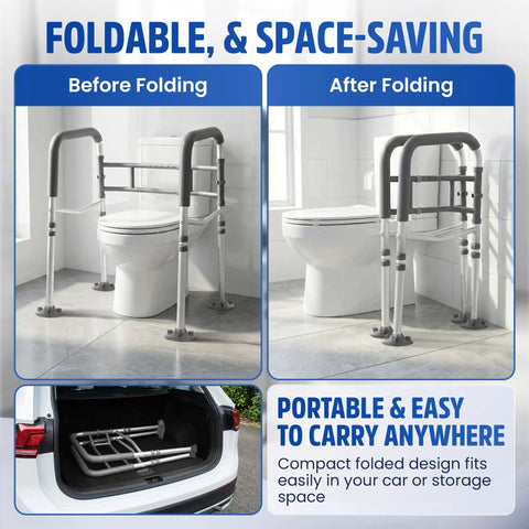 Built Tough Toilet Safety Rail Rated To 350 Pounds, Adjustable Grab Bar For Seniors And Handicap Users, Foldable Non Slip Frame With Heavy Duty C Clamps And Suction Cups, Dead Steady Support That Just Works before and after folding with portable storage.