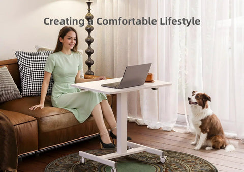 Mobile Standing Desk With Wheels For The Home Office Compact Rolling Workstation With Lockable Front Casters White