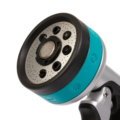 Close-up of Heavy Duty Front Control Garden Hose Nozzle With 8 Preset Spray Patterns showing nozzle head and metal water passage.
