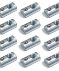 Heavy Duty Forty Pack Steel Spring Ball Roll In T Slot Nuts With Quarter Inch Twenty Thread, 12 pieces shown.