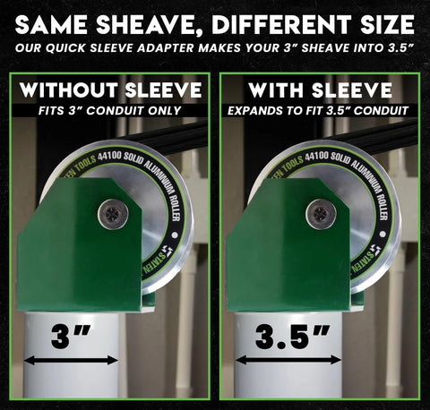 Feeding sheave adapter with sleeve; two-panel display shows 3.5 in and 3 in sizes on green housing (Staten Tools).