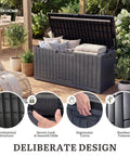 Extra Large 120 Gallon Outdoor Storage Deck Box With No Sweat Hydraulic Lift Lid, displaying spacious storage for cushions.