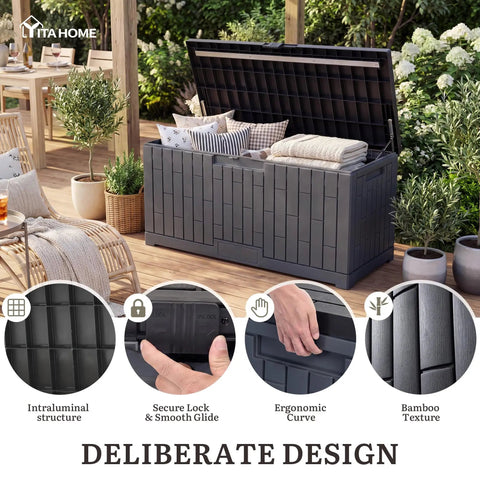 Extra Large 120 Gallon Outdoor Storage Deck Box With No Sweat Hydraulic Lift Lid, displaying spacious storage for cushions.