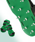 Close-up of Lawn Aerator Spiked Shoes With 13 Nails Each For Lawn Aeration Scarifier Footwear Nail Shoes One Size Fits All Black Green Durable Adjustable Straps No Fuss To Use Lawn Care Tool For Healthy Green Turf.
