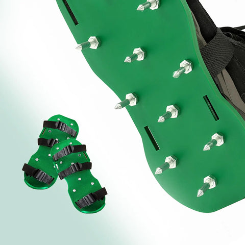 Close-up of Lawn Aerator Spiked Shoes With 13 Nails Each For Lawn Aeration Scarifier Footwear Nail Shoes One Size Fits All Black Green Durable Adjustable Straps No Fuss To Use Lawn Care Tool For Healthy Green Turf.