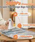 Ultimate 15 Pack Vacuum Storage Bags With Cordless Pump in use compressing clothes, showcasing 5000Pa suction and 2000mAh battery.