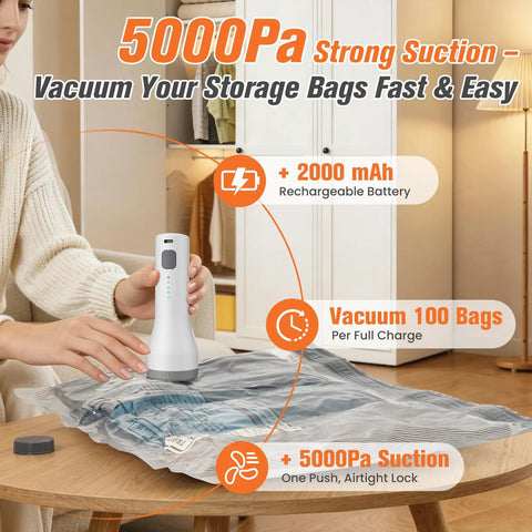 Ultimate 15 Pack Vacuum Storage Bags With Cordless Pump in use compressing clothes, showcasing 5000Pa suction and 2000mAh battery.