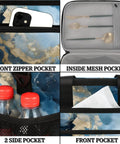 Insulated Picnic Backpack With Marbling Texture, Portable Lunch Bag pockets showing phone, utensils, bottles, and document compartments.