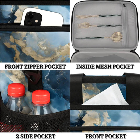 Insulated Picnic Backpack With Marbling Texture, Portable Lunch Bag pockets showing phone, utensils, bottles, and document compartments.