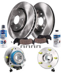 Front Wheel Bearing Hubs And Brake Kit Rotors With Ceramic Pads For 2006 2011 Cadillac DTS Sedan 2008 2009 Buick Lacrosse Allure Lucerne V8 2012 2013 Chevy Impala Police Taxi Package Drop In Ready Replacement, showing two rotors, ceramic pads, and hubs.