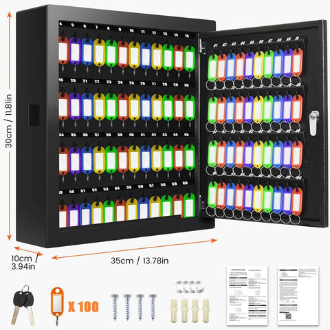 Front view of 100 Key Cabinet Lock Box with Anti Theft Function and Key Tags, adjustable wall-mounted key organizer safe.