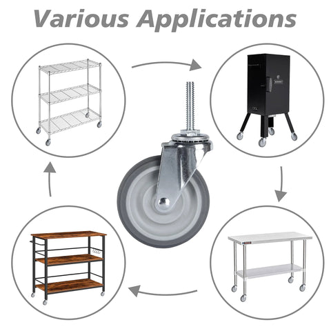 Various applications of heavy duty swivel caster wheels for furniture and shelving.