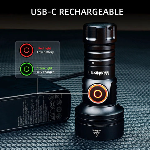 Pocket Size EDC Flashlight With 2000 Lumens, 616 Meter Beam Distance, Rechargeable With Anduril 2.0 UI, on charging pad