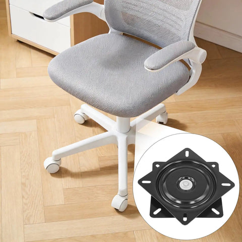 Four Pack Seven Inch Heavy Duty Swivel Plates Built Different For Smooth 360 Rotation On Bar Stools And Recliners With Premium Ball Bearing Mount That Rolls Like A Dream under a gray office chair.