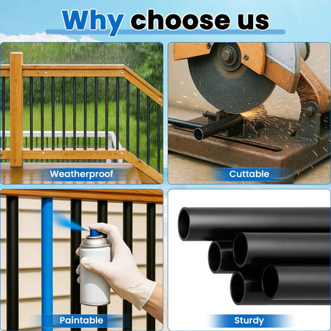 36 Inch Hollow Round Aluminum Deck Balusters Black Powder Coated For Weather Resistant Outdoor Railing Spindles showcase