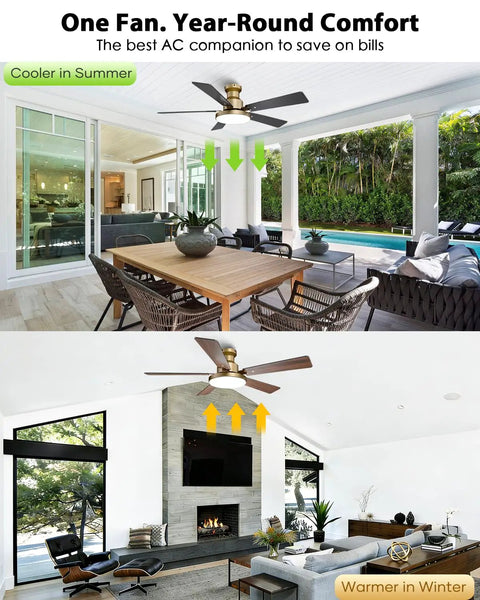 Straight Up Stunning 52 Inch Low Profile Gold Ceiling Fan With Huge LED Light Panel Plus Smart App Remote Control used in a modern living space.