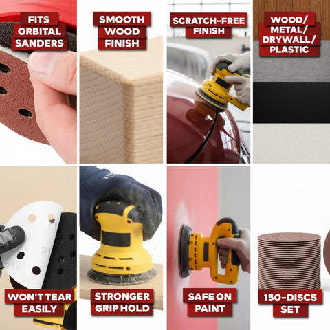 5 Inch Sanding Discs Hook And Loop 150 Piece Assorted Grit Pack for orbital sander use on wood, metal, plastic surfaces