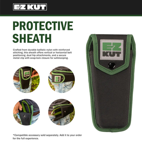 EZ Kut protective sheath for Heavy Duty Ratcheting Pruning Shears, snap-lock closure, durable ballistic nylon, green trim