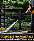 Cordless Portable Washer With Brushless Motor Compatible With DeWalt 20V Max Battery cleaning a wooden deck outdoors