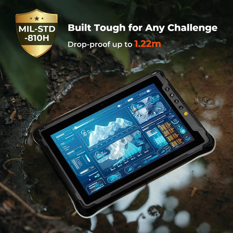 Built Like A Tank Rugged Tablet Running Windows 11 Pro With 10.1 Inch 1000 Nit Sunlit Screen WiFi 6 Intel N5100 8Gb 128Gb 4G Lte Gps Ip65 Rated Beast Mode Computer For Rough Field Jobs That Never Quit, displayed on a wet surface.
