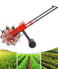 Manual Seed Planter With 10 Nozzles Roller Seeding System for garden use, featuring hand push design, red and black color.