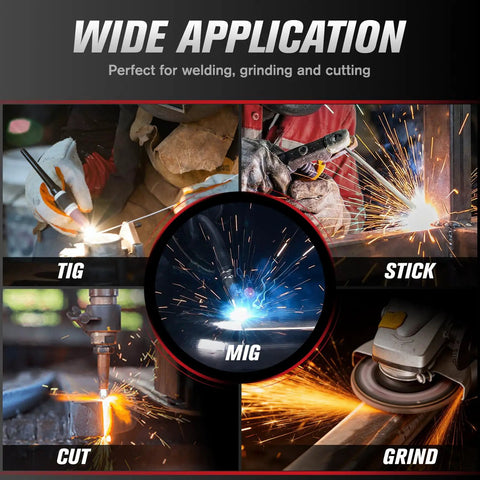 Collage showing TIG, MIG, stick welding and grinding, highlighting the wide application of the auto darkening welding helmet with large viewing area